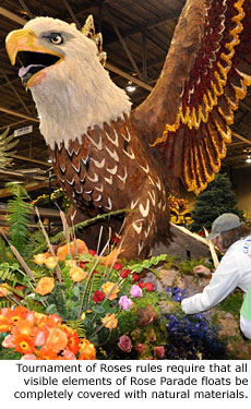 Tournament of Roses rules require that all visible elements of Rose Parade floats be completely covered with natural materials.