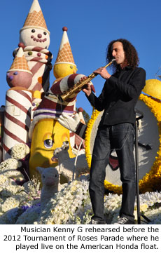 Musician Kenny G rehearsed before the 2012 Tournament of Roses Parade where he played live on the American Honda float. Photo by Marching.com.