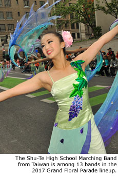 The Shu-Te High School Marching Band from Taiwan is among 13 bands in the 2017 Grand Floral Parade lineup.