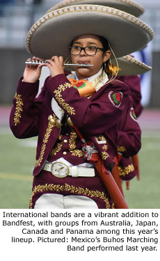 International bands are a vibrant addition to Bandfest, with groups from Australia, Japan, Canada and Panama among this year's lineup. Pictured: Mexico's Buhos Marching Band performed last year.