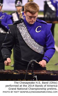 The Chesapeake H.S. Band (Ohio) performed at the 2014 Bands of America Grand National Championship prelims. PHOTO BY MATT BONFIELD/INDIANAMARCHING.COM