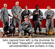 Jahn (second from left) is the drummer for the band Sasquatch which entertains servicemembers and civilians in Iraq.