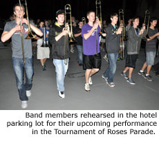 Band members rehearsed in the hotel parking lot for their upcoming performance in the Tournament of Roses Parade.