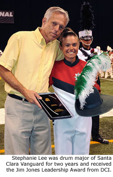 Stephanie Lee was drum major of Santa Clara Vanguard for two years and received the Jim Jones Leadership Award from DCI.