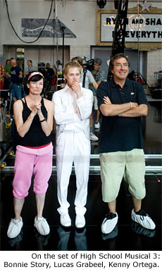 On the set of High School Musical 3: Bonnie Story, Lucas Grabeel, Kenny Ortega.