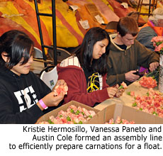 Kristie Hermosillo, Vanessa Paneto and Austin Cole formed an assembly line to efficiently prepare carnations for a float.