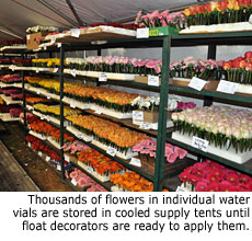 Thousands of flowers in individual water vials are stored in cooled tents until decorators are ready to apply them.